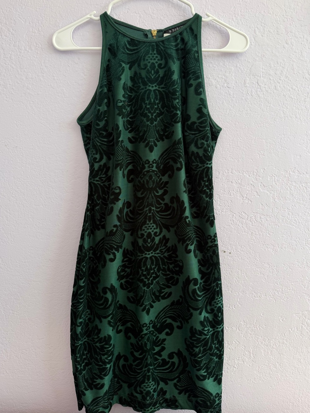 B. Darlin Elegant Forest Green Velvet-Print Halter Dress
